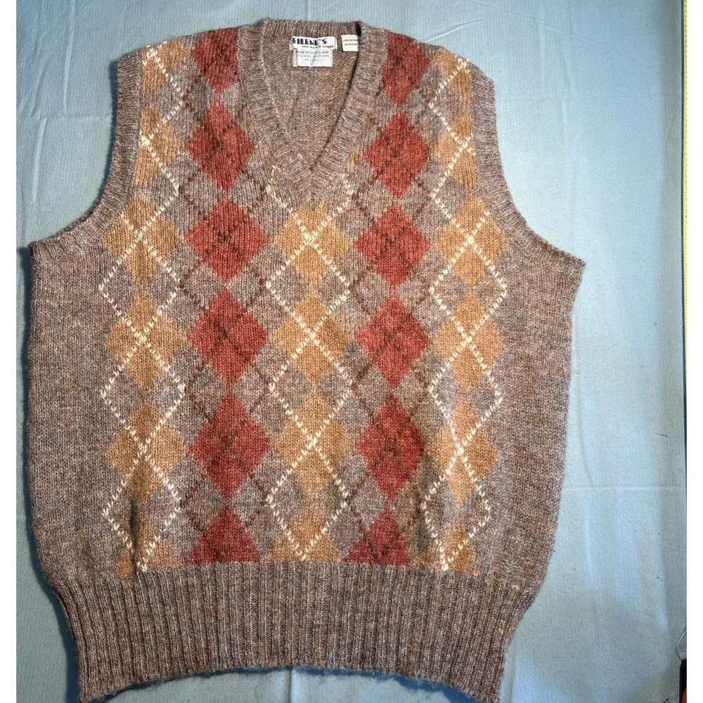 Filenes Mens Argyle Sweater Vest Brown Wool Shetland Made in Scotland Large L
